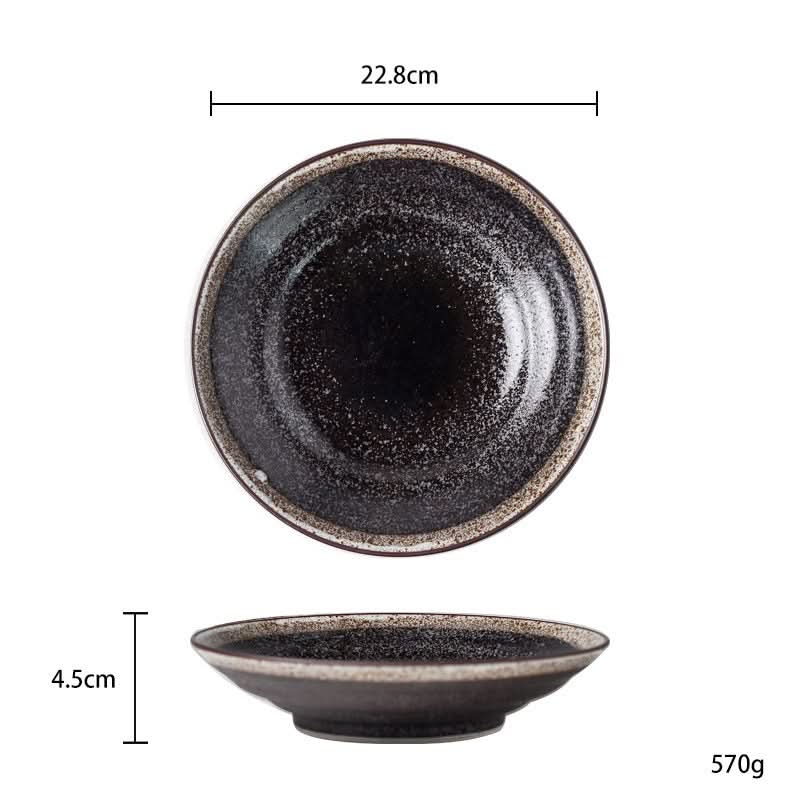 Japanese Pottery Tableware 9" - rustic black speckled ceramic bowl, 22.8cm diameter, 4.5cm height.
