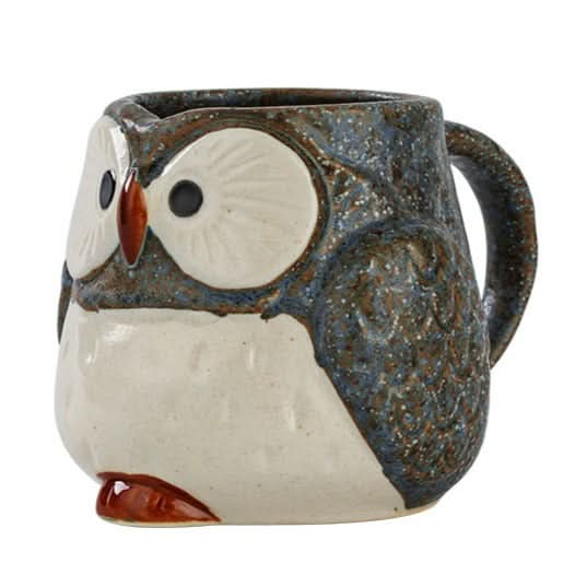 Stoneware Owl Mug: Japanese Mino Pottery, speckled blue & white owl design.
