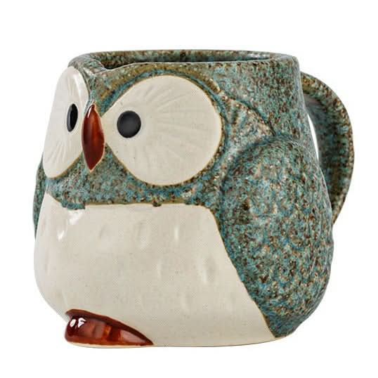Japanese Stoneware Owl Mug, blue-grey speckled textured ceramic with white belly.