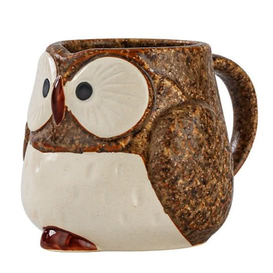 Stoneware Owl Mug, Japanese Mino Pottery, brown and cream speckled owl with black eyes.