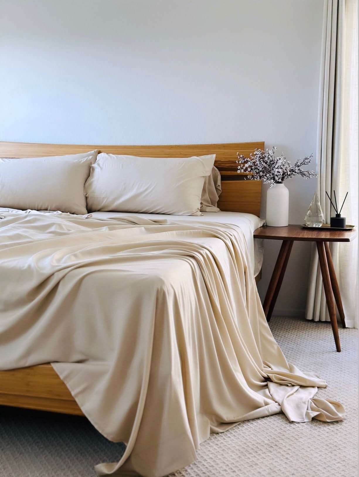 Soft, beige Copper Infused Bamboo Pillowcase Set on a wooden bed frame.