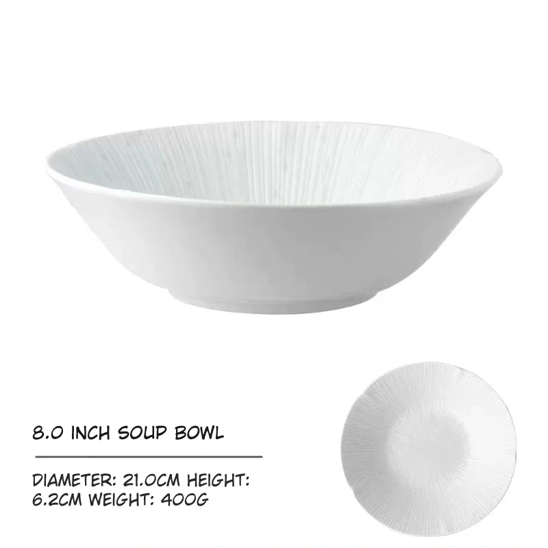 8.0 inch soup bowl, 21.0cm diameter, 6.2cm high, 400g weight, wide white bowl.
