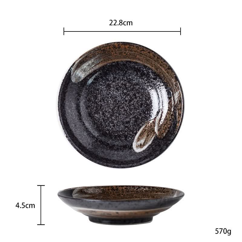 Japanese Pottery Tableware 9" shallow bowl, black and brown textured glaze, stoneware, home decor.