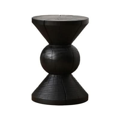 Black Wood Stool, a stylish home decor piece with a unique hourglass shape and carved texture.