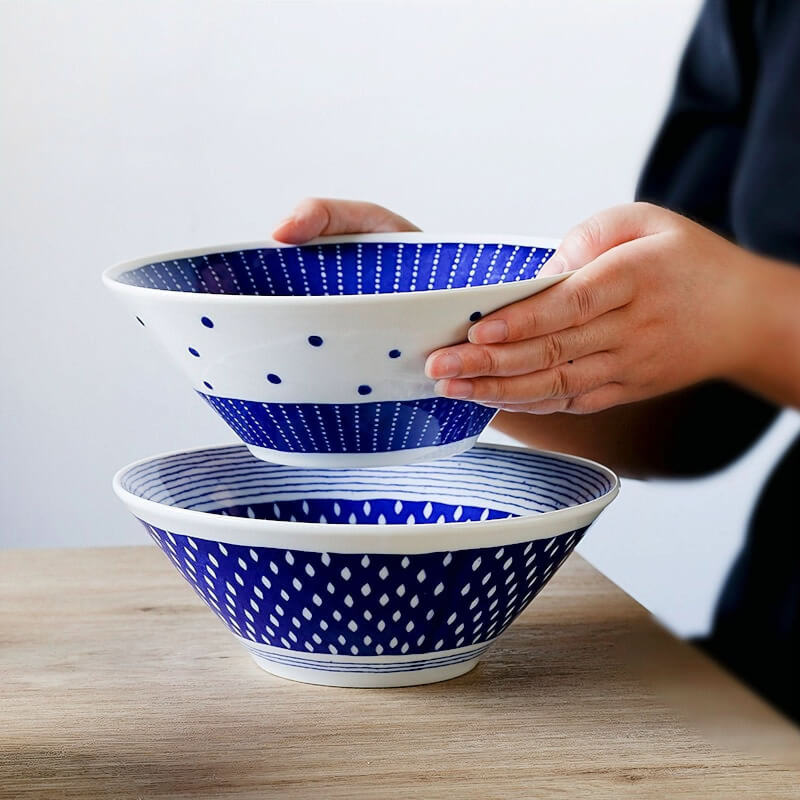 Blue & white Japanese ramen bowls, ceramic, large rice plates, household style.