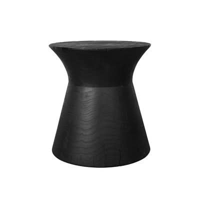 Black wood stool with hourglass silhouette, modern home decor accent.