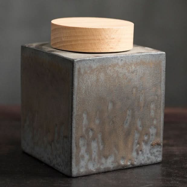 Gray ceramic tea jars with wooden lid, modern home decor