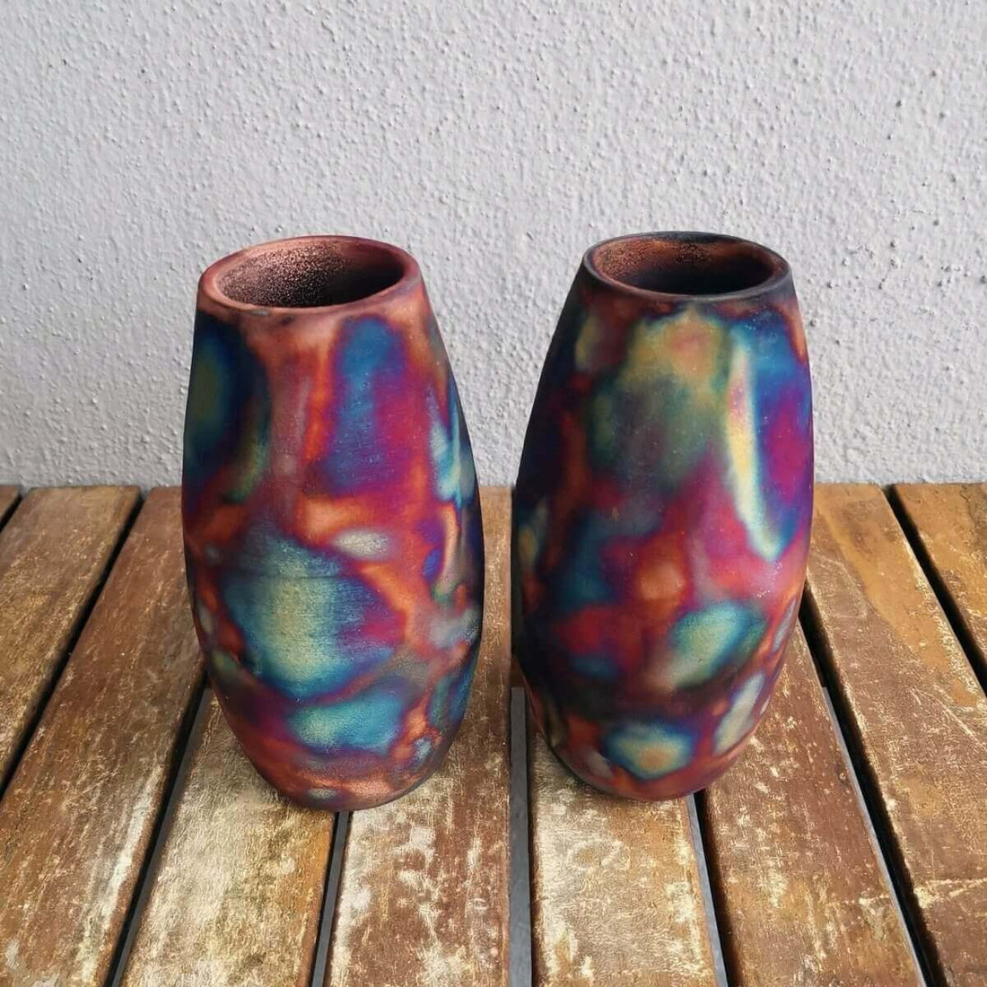 Two colorful raku vases, vibrant multi-colored,  handmade ceramic.