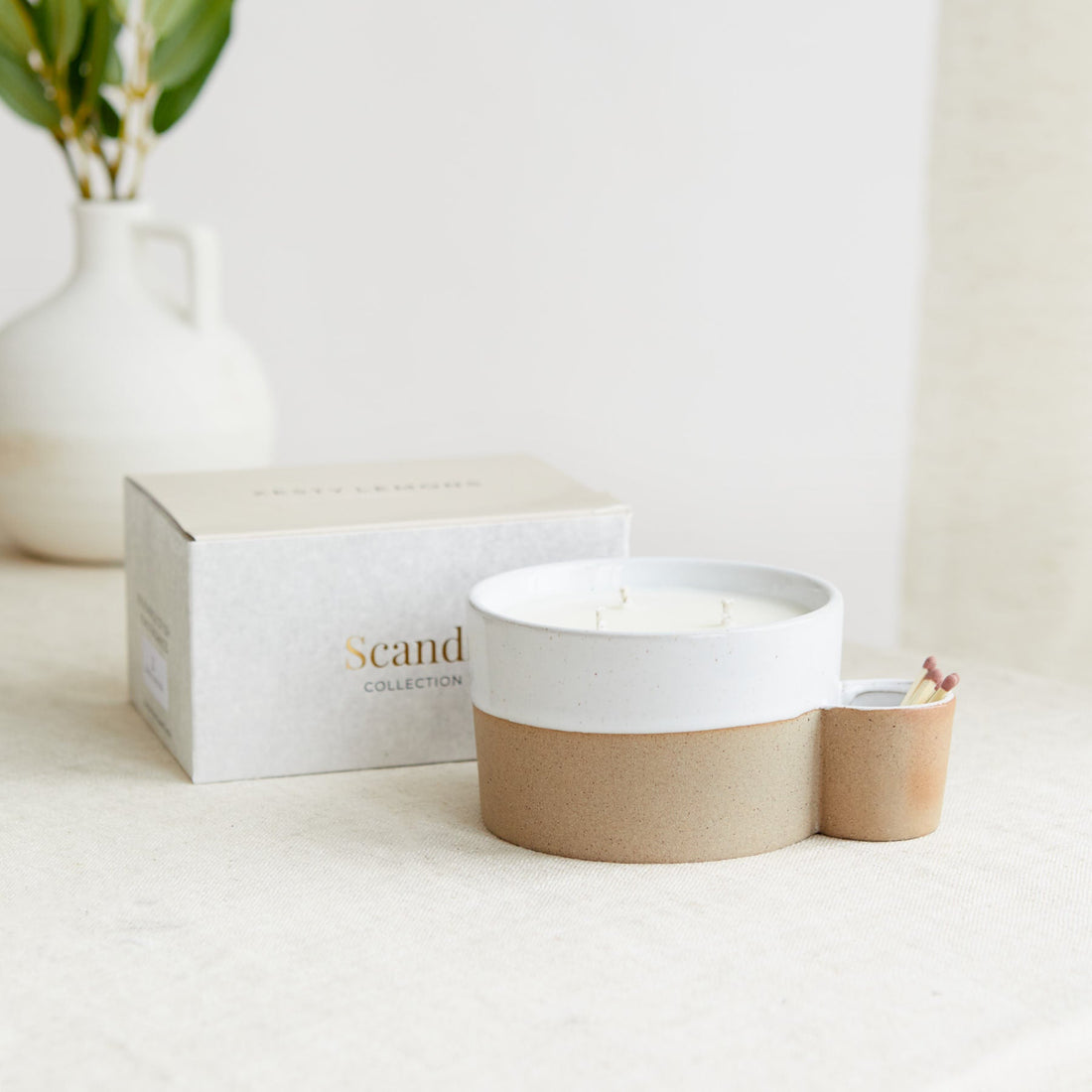 Scandi: Two Toned Ceramic Candle with Match Holder - Lemon & Lavender