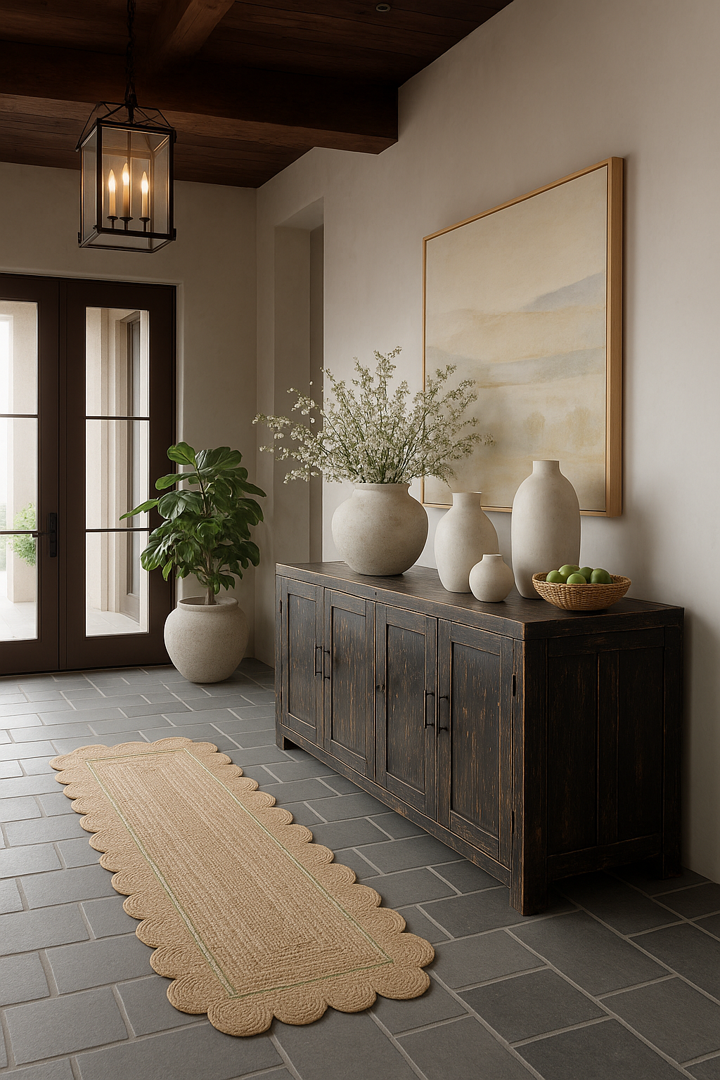 Natural jute scalloped rug with green trim on tiled floor.