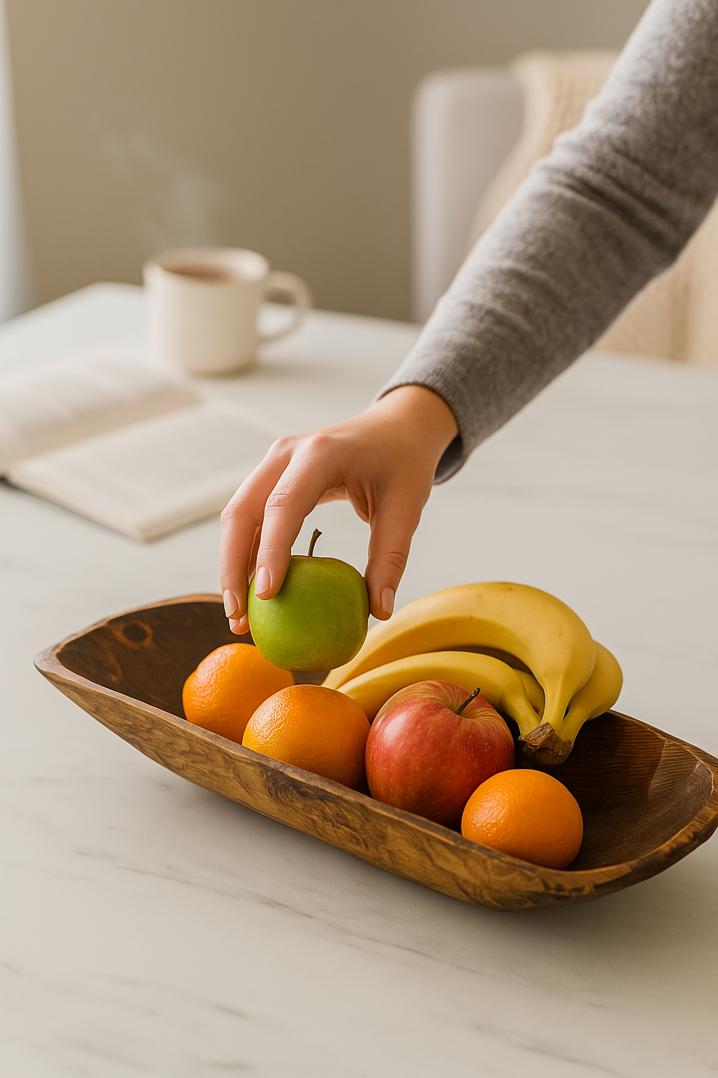 Rustic brown handcarved thin oval centerpiece bowl with fruit.