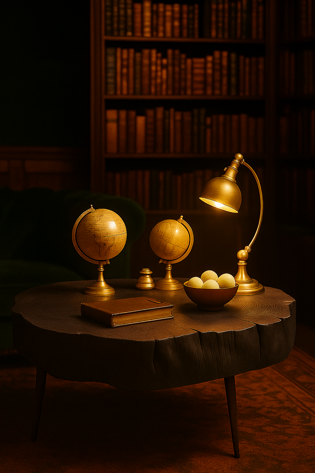 Rustic raw wood coffee table with tree stump design, featuring a book, globes, and a lamp.