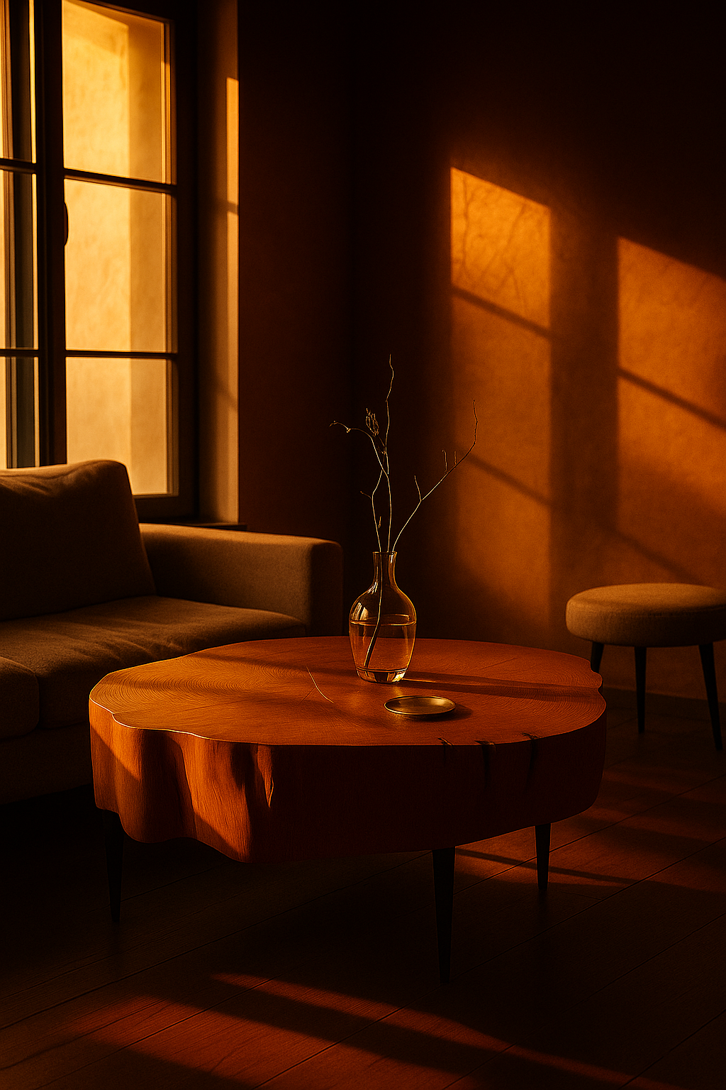 Rustic raw wood coffee table with unique tree stump design on dark wooden floor.