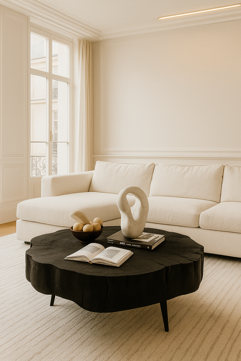 Rustic Raw Wood Coffee Table, unique tree stump design, black wood, styled in a living room with neutral tones.