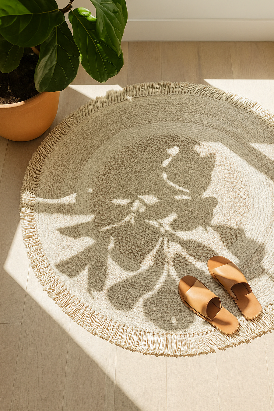 Round wool braided rug in cream with fringe, next to plant and tan slippers.