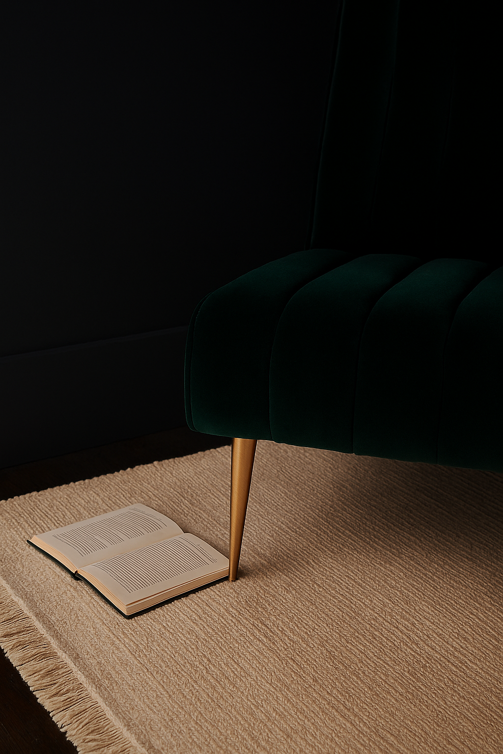 Natural fiber round wool braided rug with fringe, featuring an open book and green velvet bench.