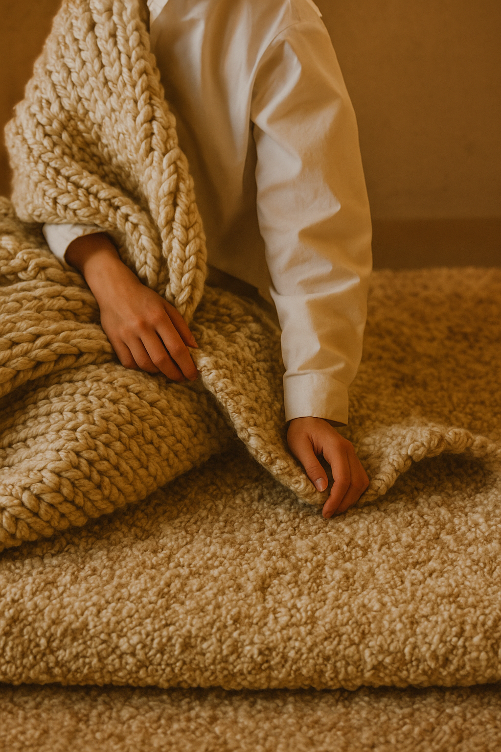 Cozy beige hand-woven wool shaggy rug with a chunky knit throw.
