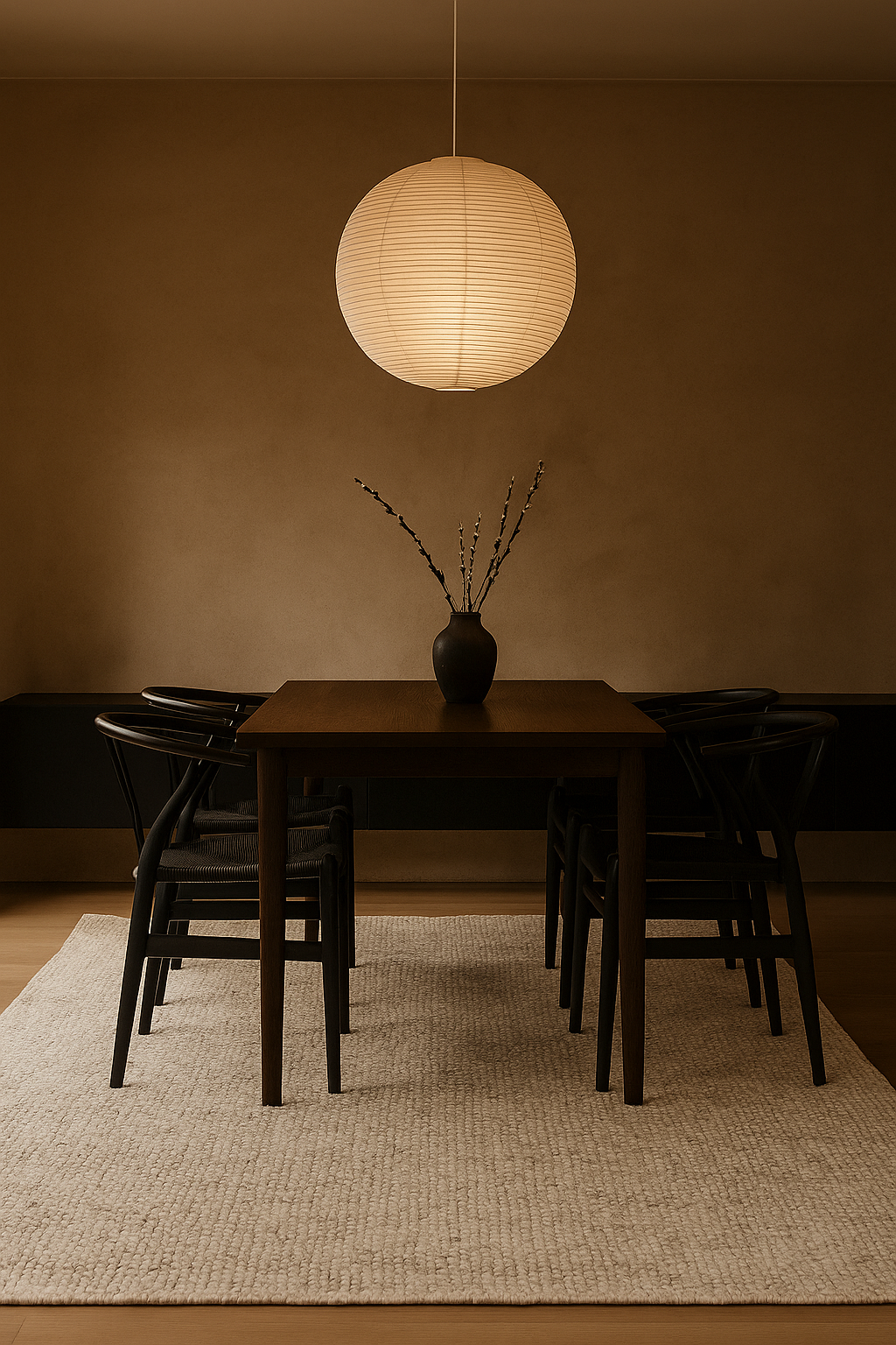 Creamy white handmade wool rug under a dining table with dark chairs.