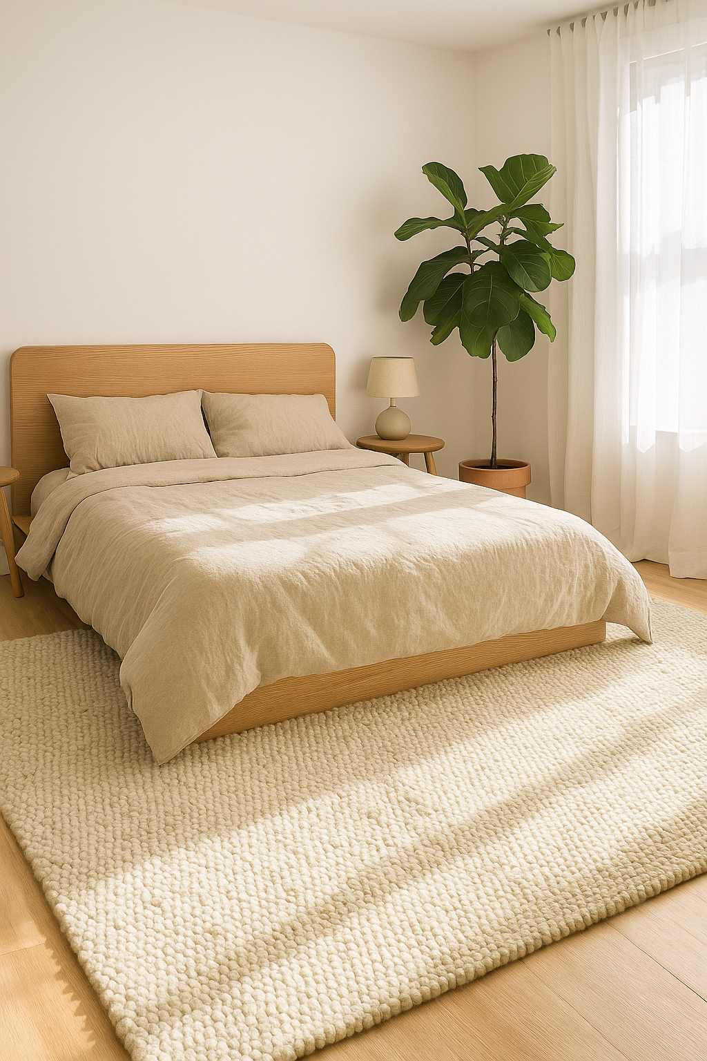 Luxurious wool rug in neutral cream, modern design complementing a serene bedroom setting.