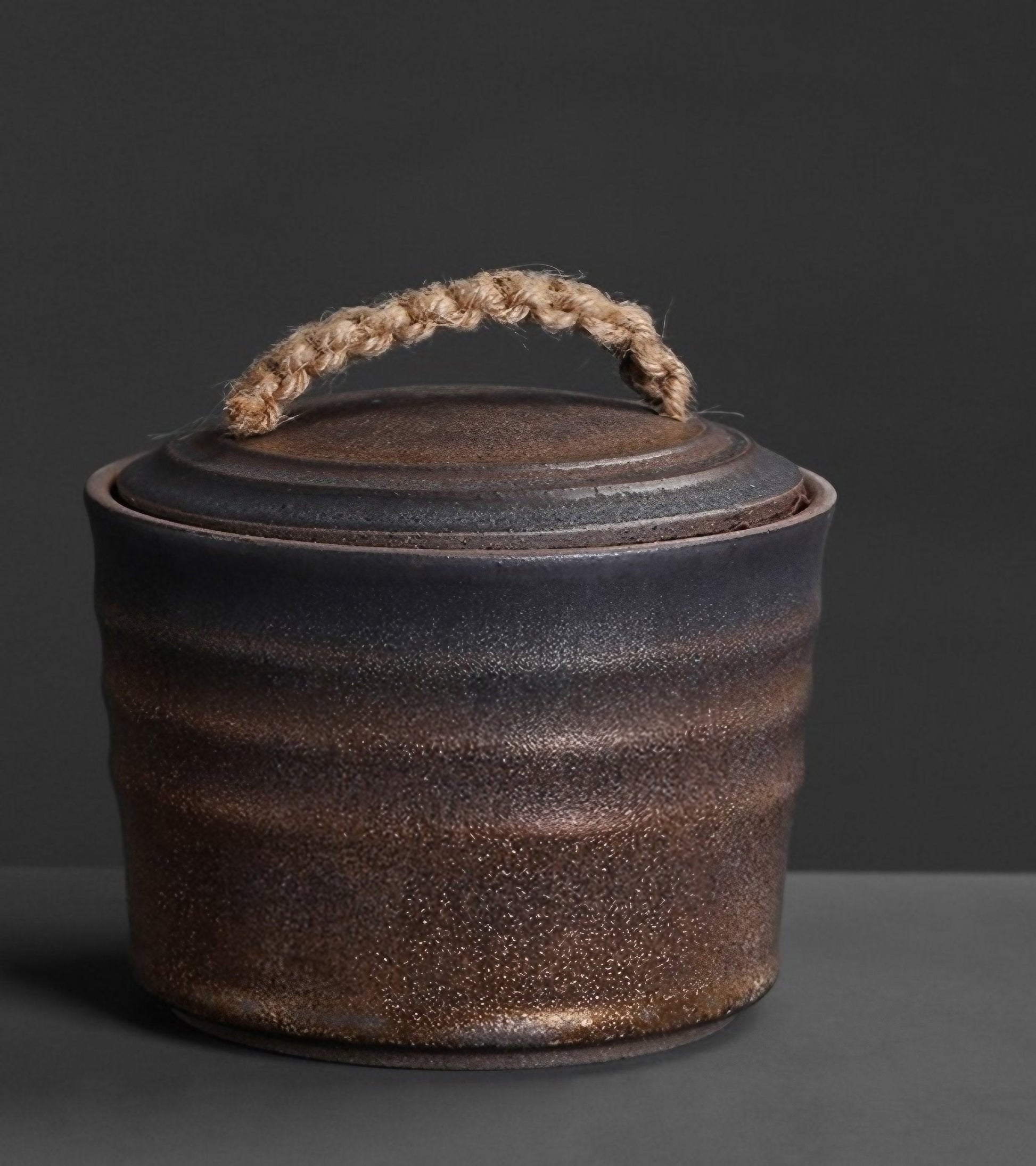 Wabi-Sabi Bucket Ceramic Jar with a rope handle on a table, showcasing design