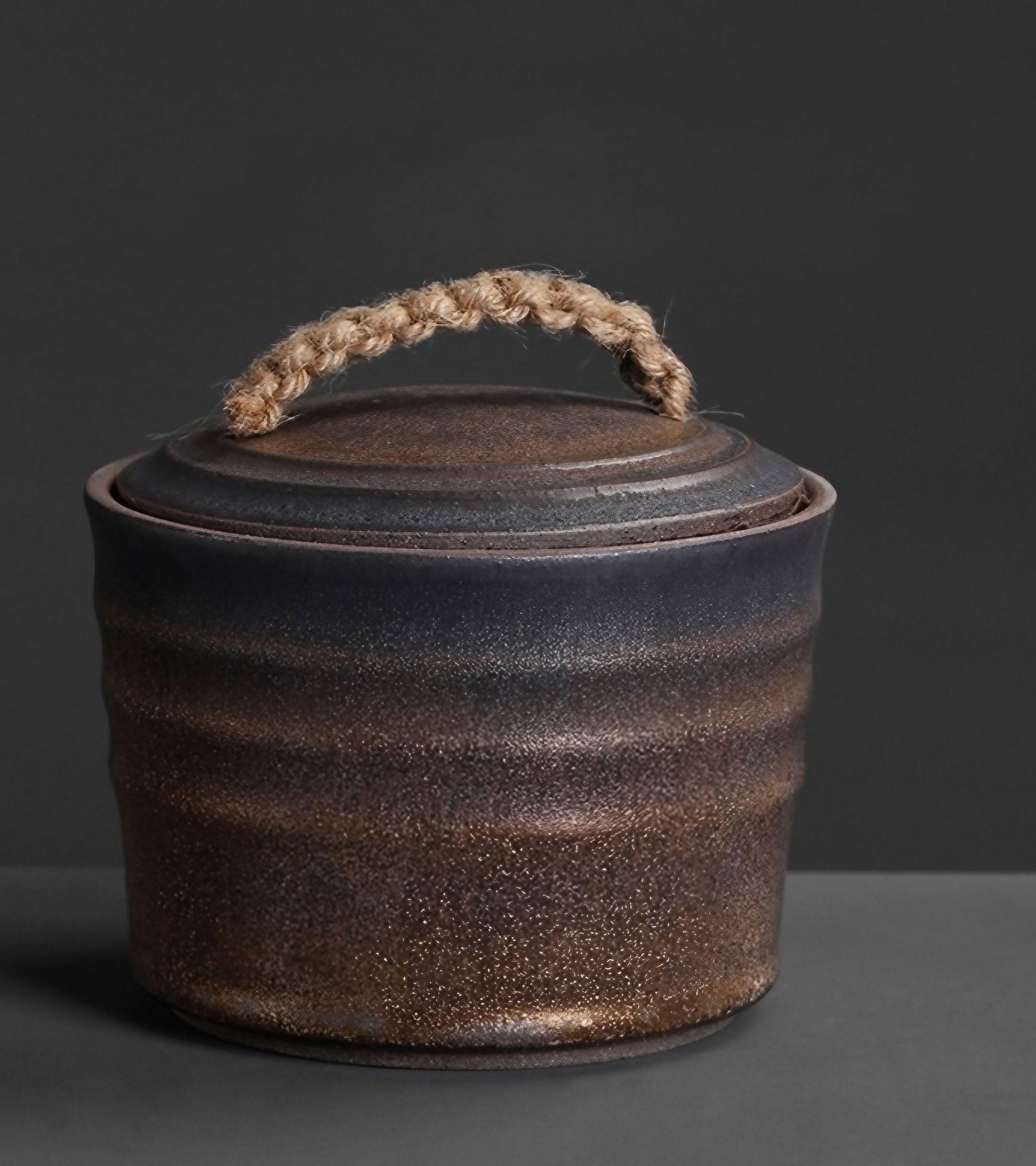Wabi-Sabi Bucket Ceramic Jar with rope handle, dark brown textured finish, airtight lid.