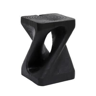 Black wood stool with a unique twisted hourglass shape, perfect for home decor.
