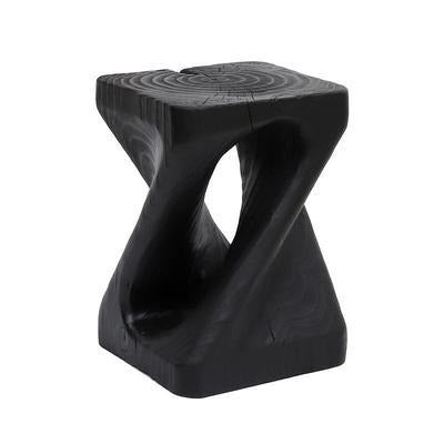 Black wooden stool, unique design, rustic style.