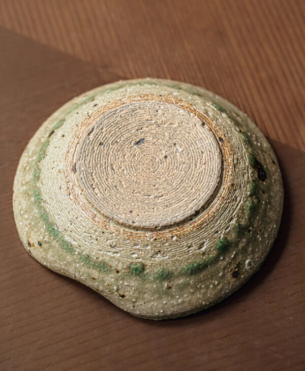 Artisan Green Dinnerware: Textured ceramic base with subtle green glaze details on a wooden surface.