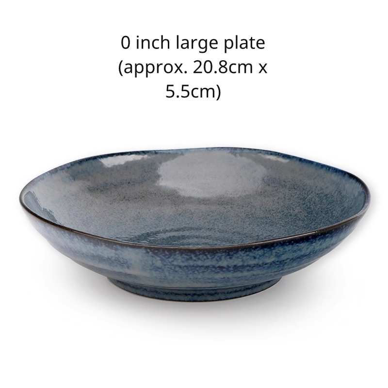 Deep blue ceramic 8.0 inch serving platter with slightly flared rim and textured glaze. Diameter approx 20.8cm.
