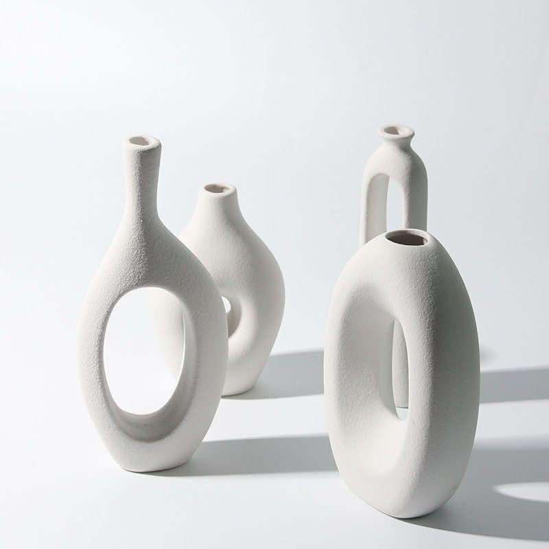 White Nordic hollow vases for dried flowers, minimalist ceramic home decor set.