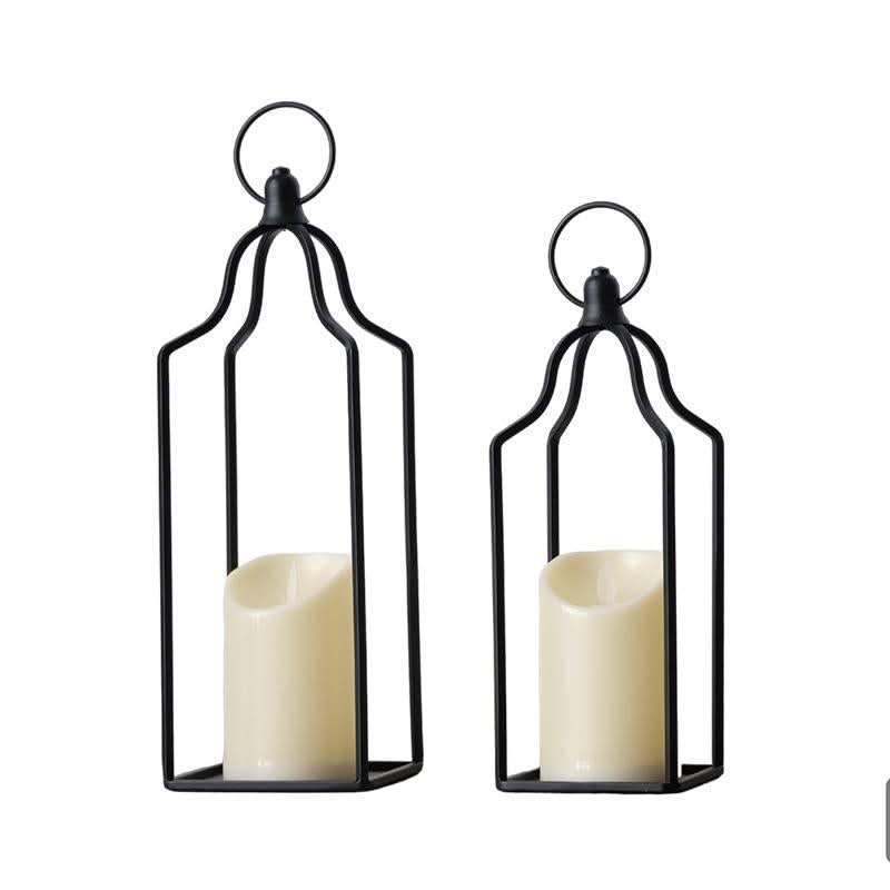 Set of 2 black Metal Line Candle Holders with cream candles, home decor.