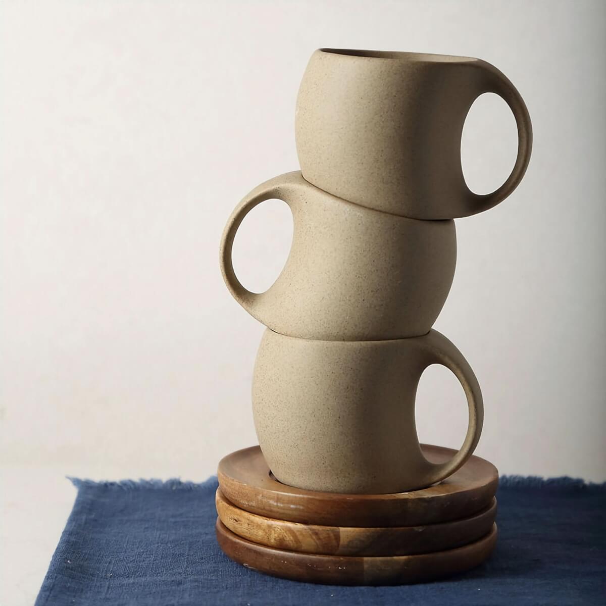 Stack of abstract ceramic mugs with arched handles in neutral tone on wooden coasters and blue cloth.