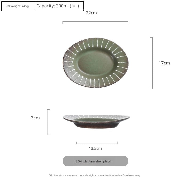 Overhead view of an 8-inch flat ceramic plate with a textured tan/light brown surface and white stripes.