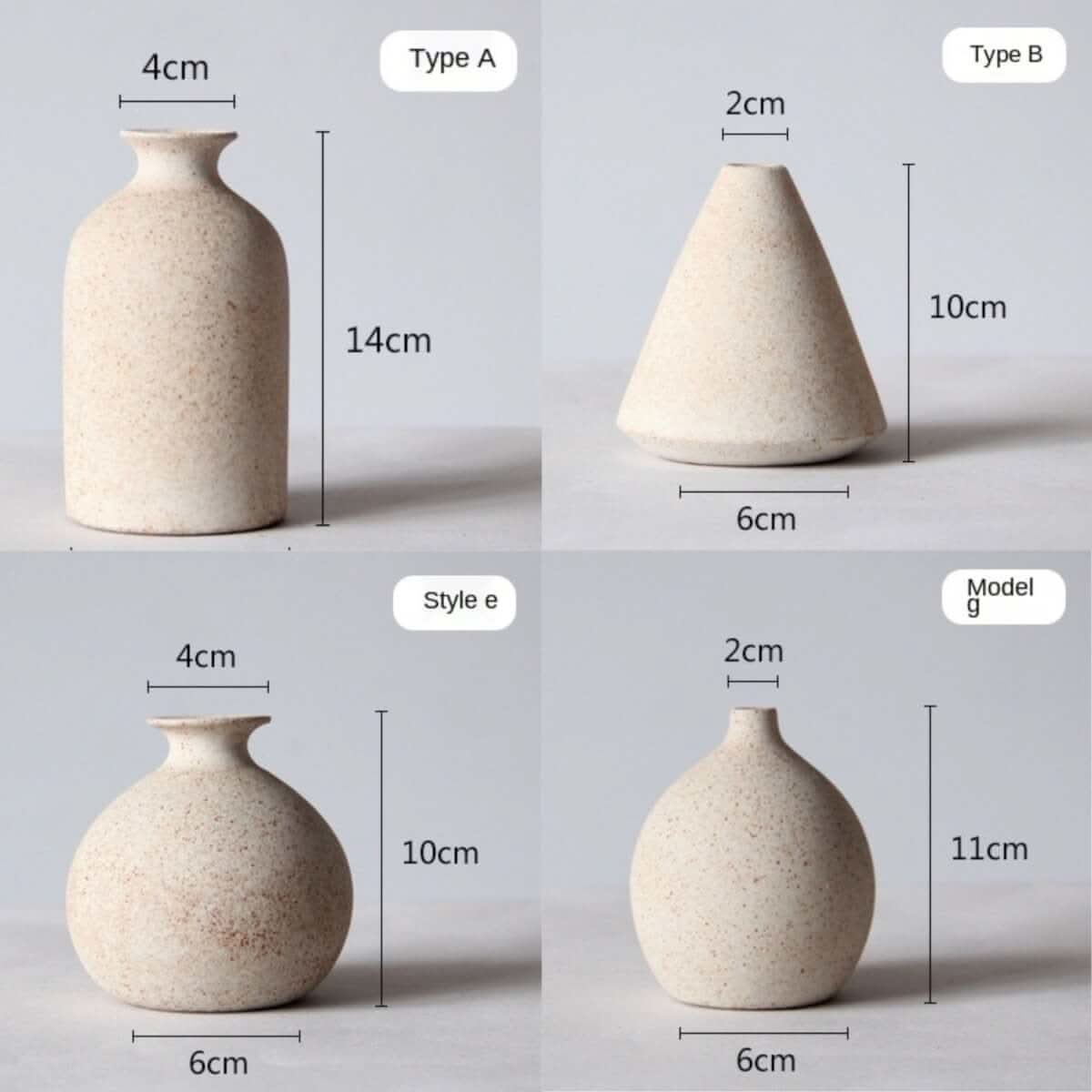 Cream speckled ceramic vases, home decor. Styles A, B, e, and g shown.