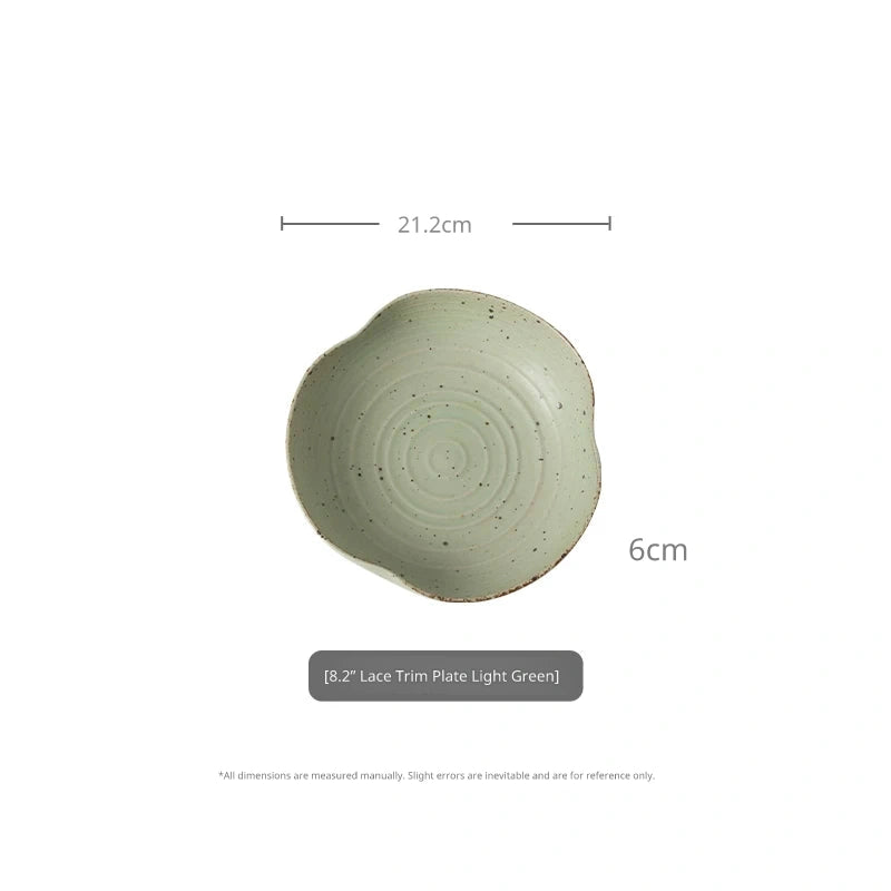 Top-down view of 8.2-inch light green speckled ceramic bowl with 21.2cm diameter and 6cm height.