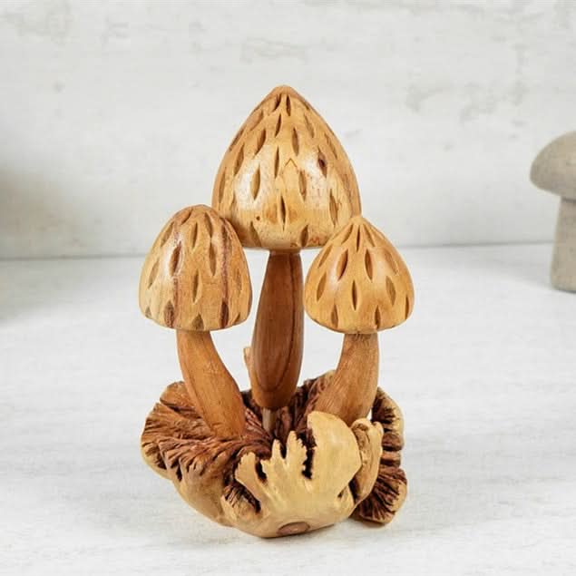 Natural wood Mushroom Sculpture, hand-carved home decor with carved caps.