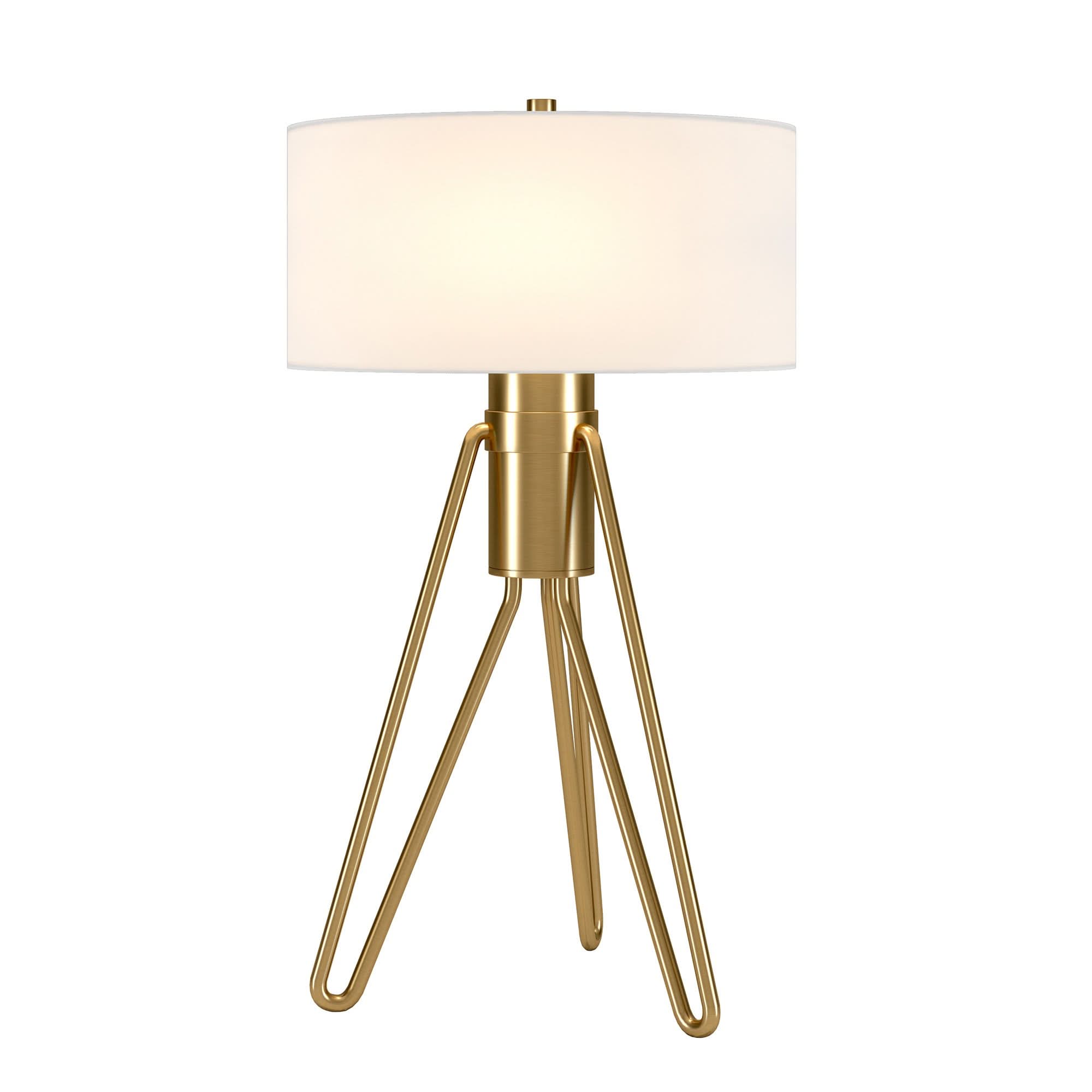 Mid Century Table Lamp Brass Tripod with white drum shade on a white background.
