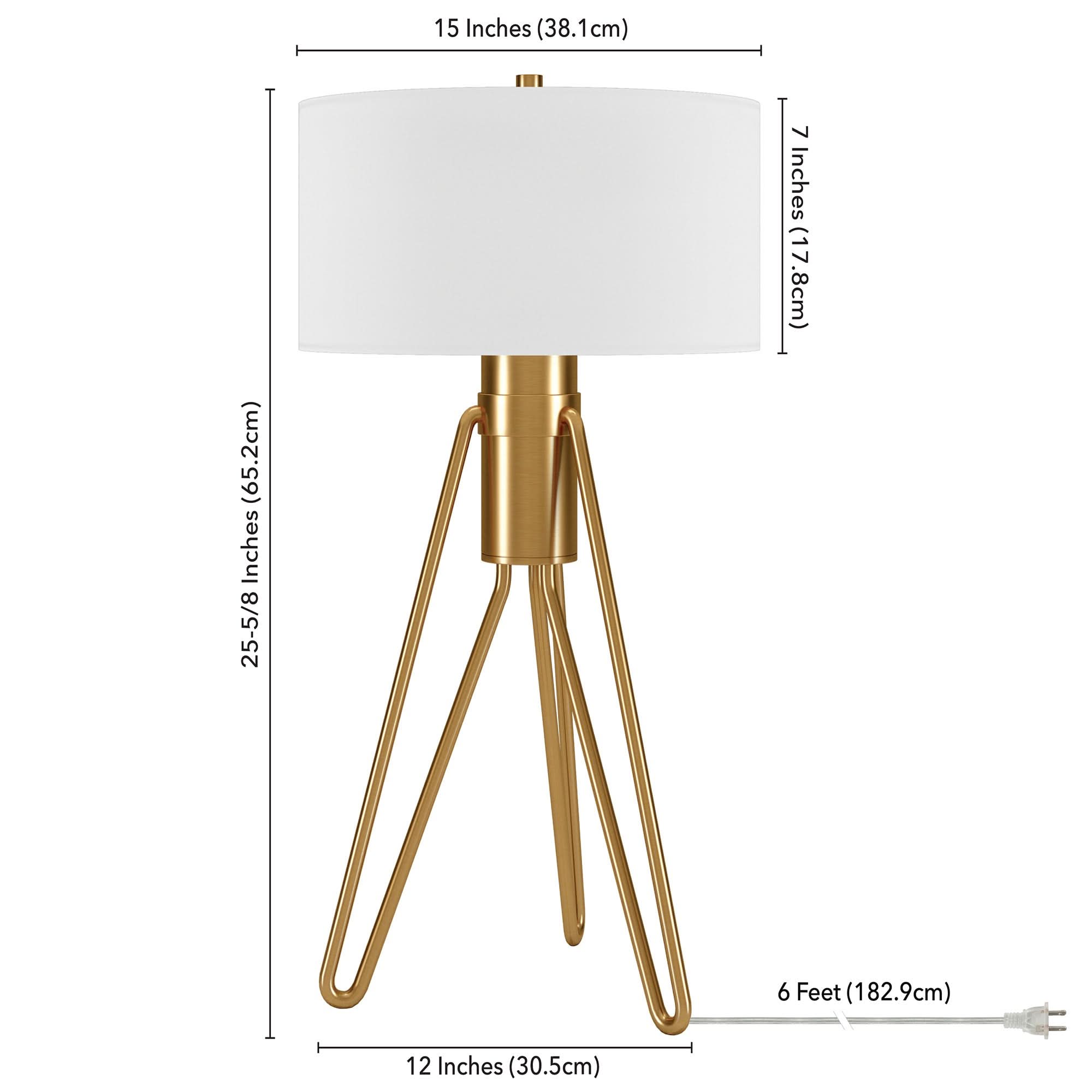 Brass tripod table lamp with white shade, mid-century modern design, product dimensions shown.