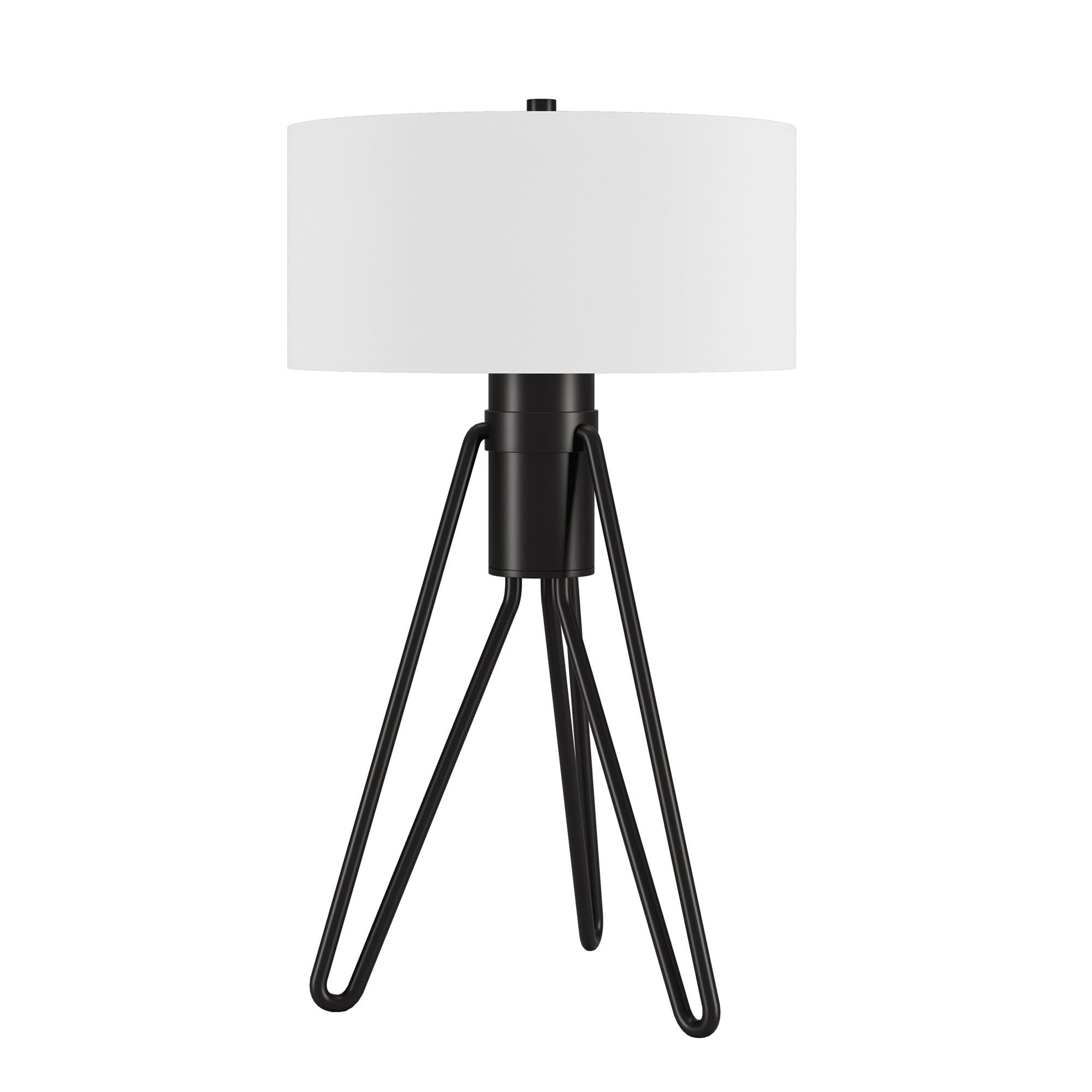 Black tripod table lamp with white fabric shade