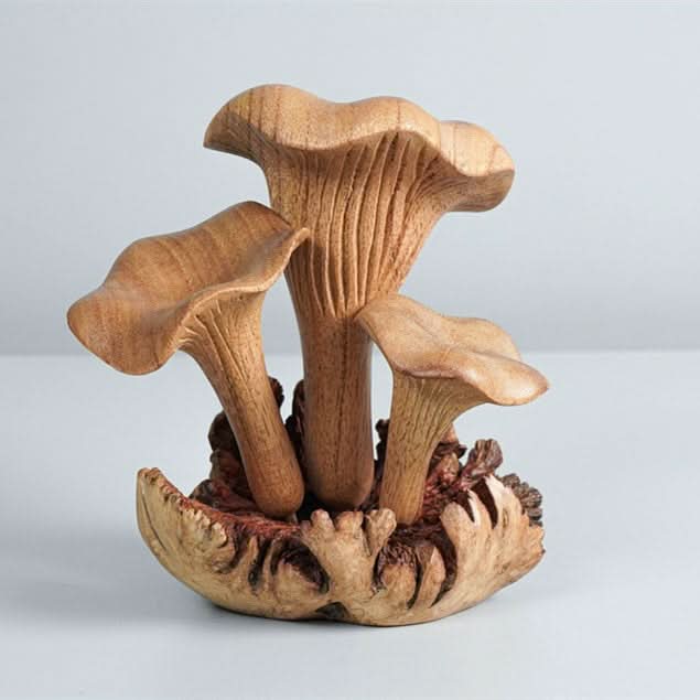 Hand-carved wood Mushroom Sculpture in natural brown tones, a charming home decor accent.