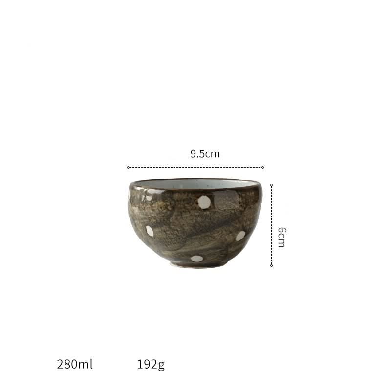 Japanese imported Mino-yaki wedge-shaped matcha bowl, speckled brown ceramic, 9.5cm wide.