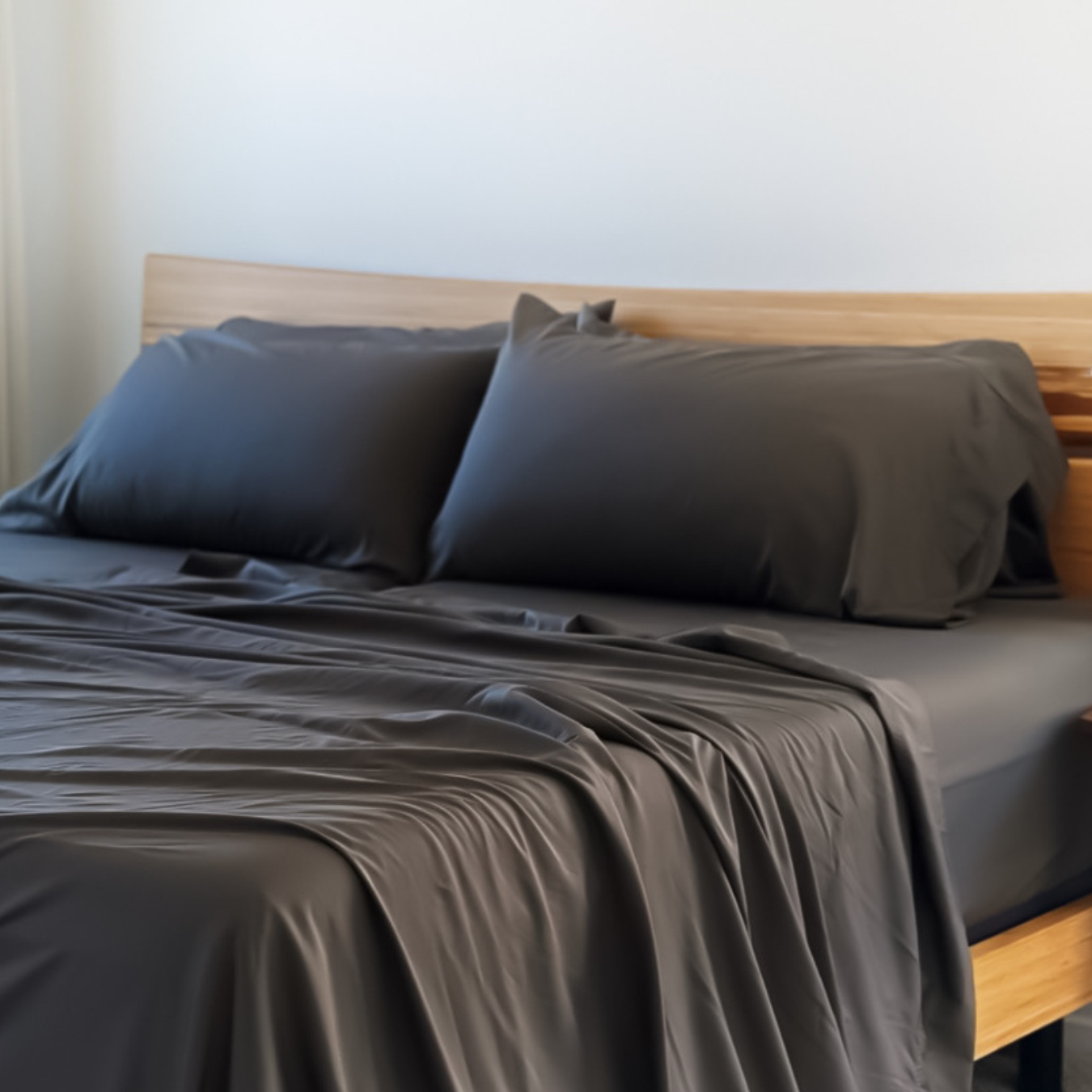 Dark gray Copper Infused Bamboo Pillowcase Set on a bed with a wooden headboard