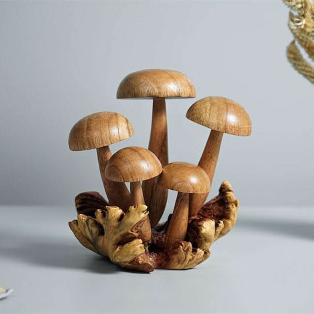 Hand-carved wooden mushroom sculpture home decor, warm brown natural wood finish.