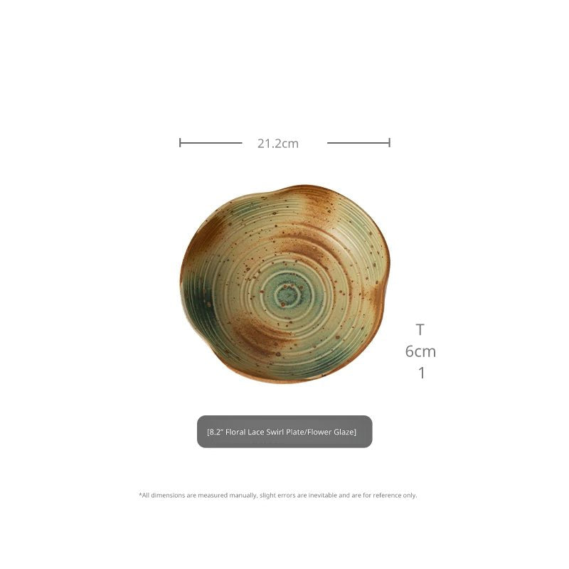 Top-down view of 8.2-inch brown and green swirl ceramic bowl with 21.2cm diameter and 6cm height.