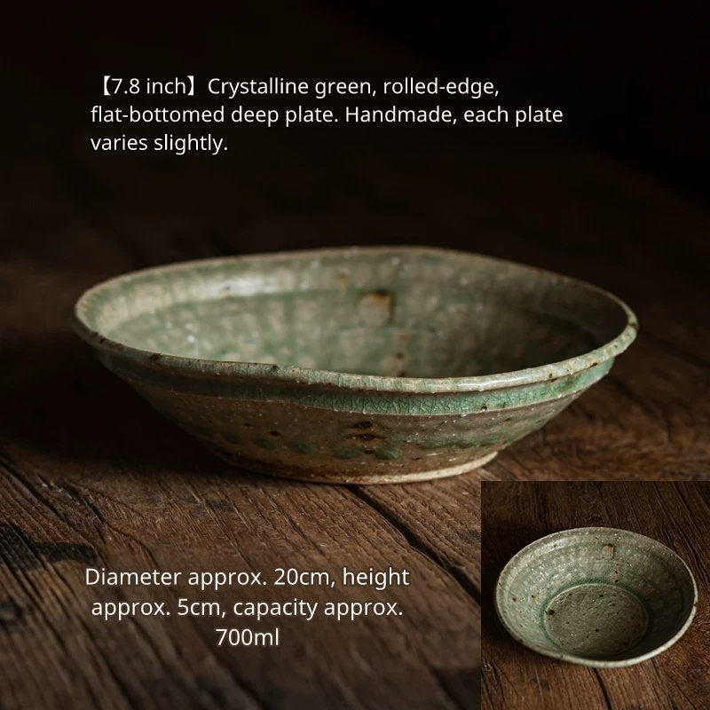 Medium-sized (20cm) shallow, rustic green ceramic bowl with specs, showing size context.