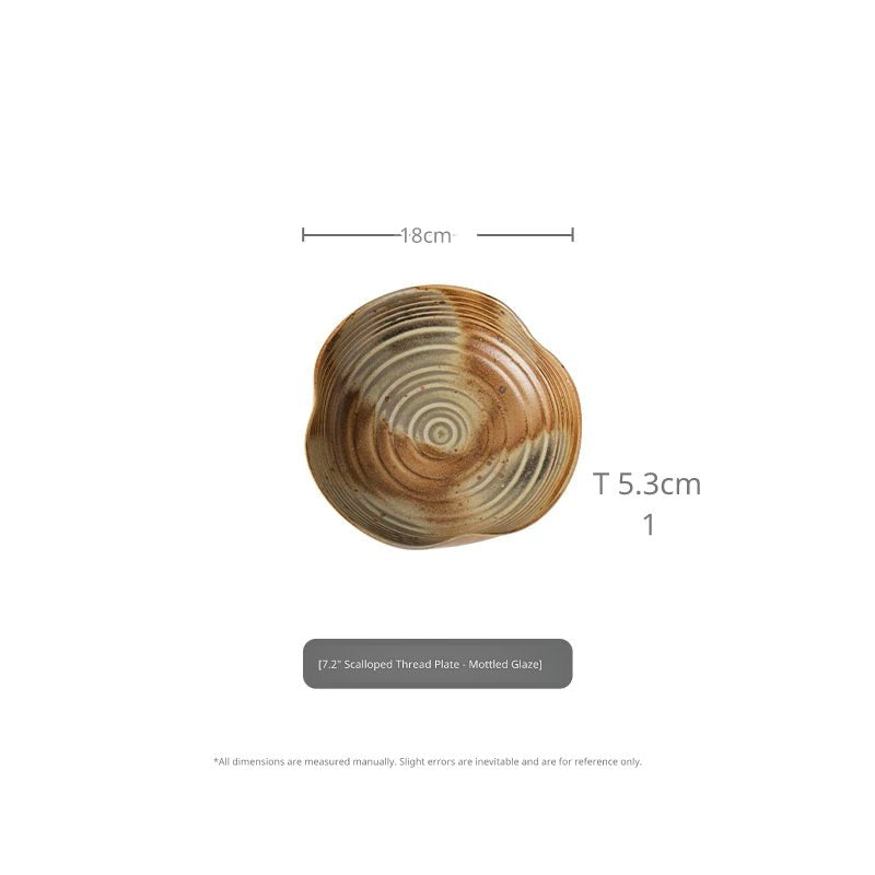 Top-down view of 7.2-inch brown swirl ceramic plate with 18cm diameter and 5.3cm height.