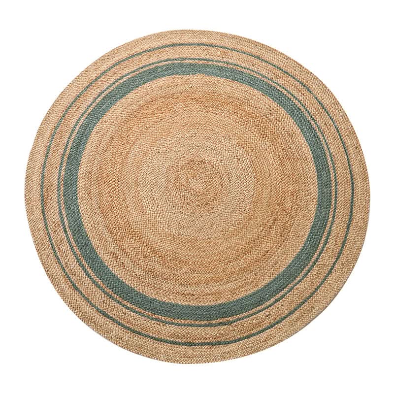 Round Jute Rug with blue stripes, natural woven texture, home decor accent