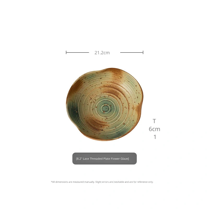 Top-down view of 8.2-inch brown and green swirl ceramic bowl with 21.2cm diameter and 6cm height.