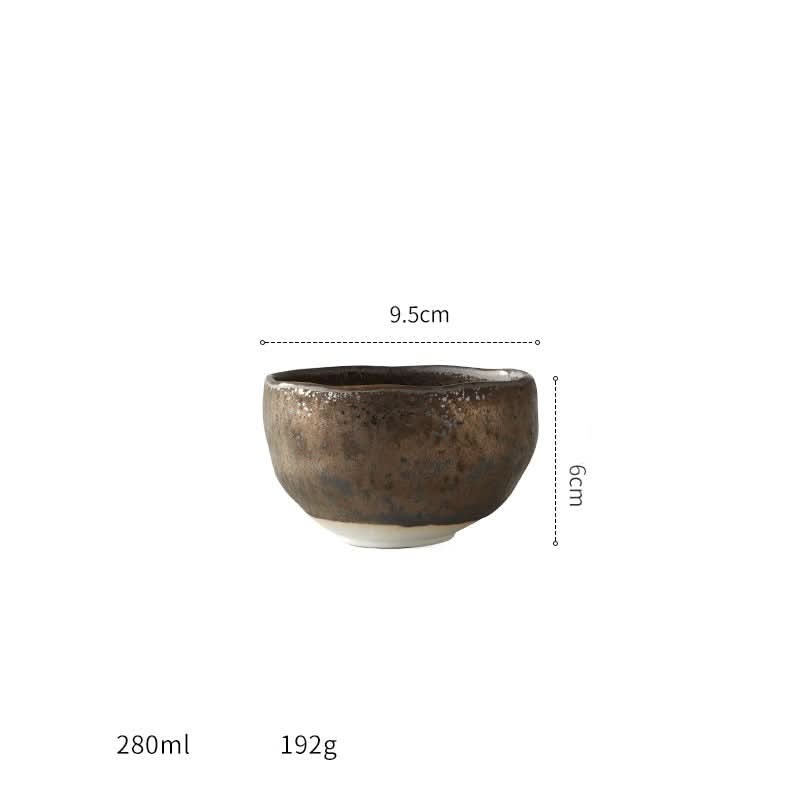 Japanese imported Mino-yaki wedge-shaped matcha bowl, speckled brown ceramic, 9.5cm x 6cm.