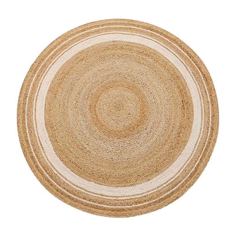 Round jute rug with natural fibers and white stripe details.